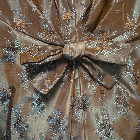 Vintage Handmade 60’s MCM Navy Blue Floral Taffeta Jacquard Cocktail Dress - Picture 2 of 4